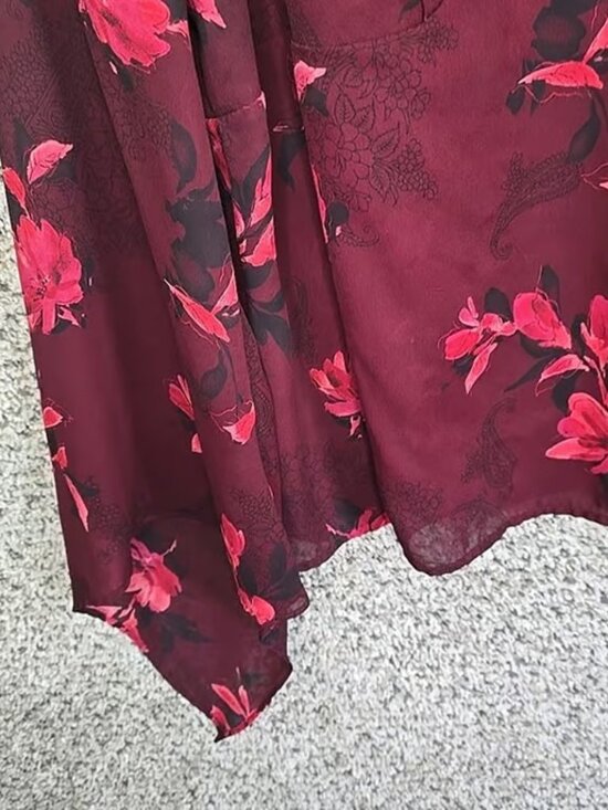 Lane Bryant Top Womens Plus 20 Burgundy Floral Print Sheer Blouse V Neck Ladies - Picture 3 of 7